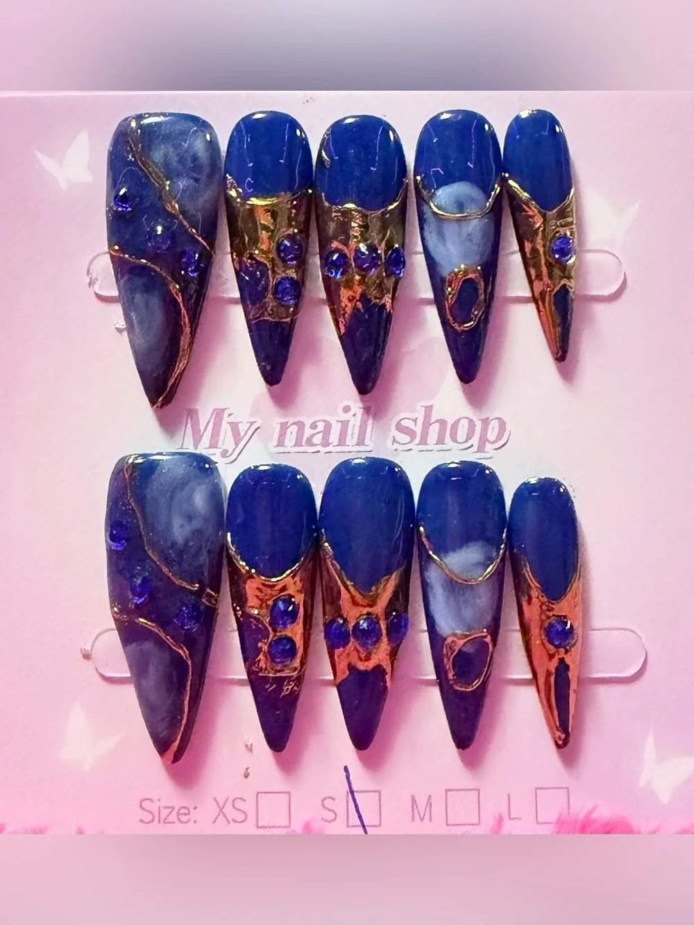My Nail Shop Blue and Gold Stiletto Press-On Nail Set